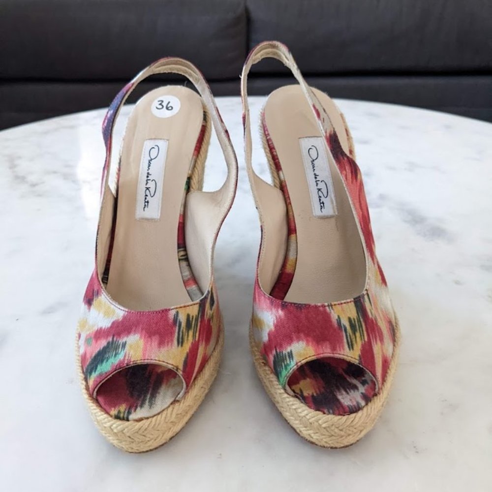 Oscar de la Renta Ikat Slingback peep toes espadrille Wedges 36 multicolor